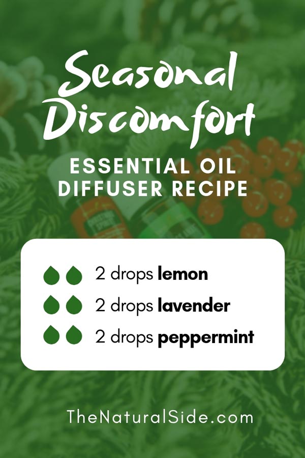 New to Essential Oils? Searching for Simple Essential Oil Combinations for Diffuser? Check out these 21 Easy Essential Oil Blends and Essential Oil Recipes Perfect for Beginners. #essentialoil #diffuser #headache Seasonal Discomfort 2 drops lemon + 2 drops lavender + 2 drops peppermint