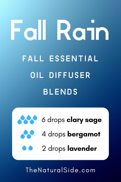 11 Fall Essential Oil Diffuser Blends to Warm Your Home Up. Fall Rain - 6 drops Clary Sage + 4 drops Bergamot + 2 drop Lavender | Essential Oils Recipes via thenaturalside.com #essentialoils #diffuser #blends #fall