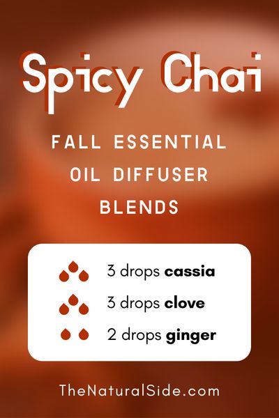 11 Fall Essential Oil Diffuser Blends to Warm Your Home Up. Spicy Chai - 3 drops Cassia + 3 drops Clove + 2 drop Ginger | Essential Oils Recipes via thenaturalside.com #essentialoils #diffuser #blends #fall