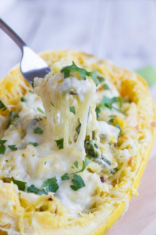 Spinach Artichoke Spaghetti Squash - vegetarian keto dinner - meatless low carb meal